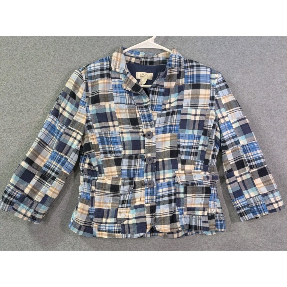 Ann Taylor LOFT Womens 4 Patchwork Plaid Cotton Blazer Blue Madras Jacket